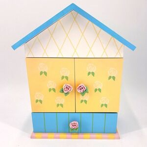 Hand Painted Wooden House Jewelry Box Trinket Storage with Roses Cottagecore 90s